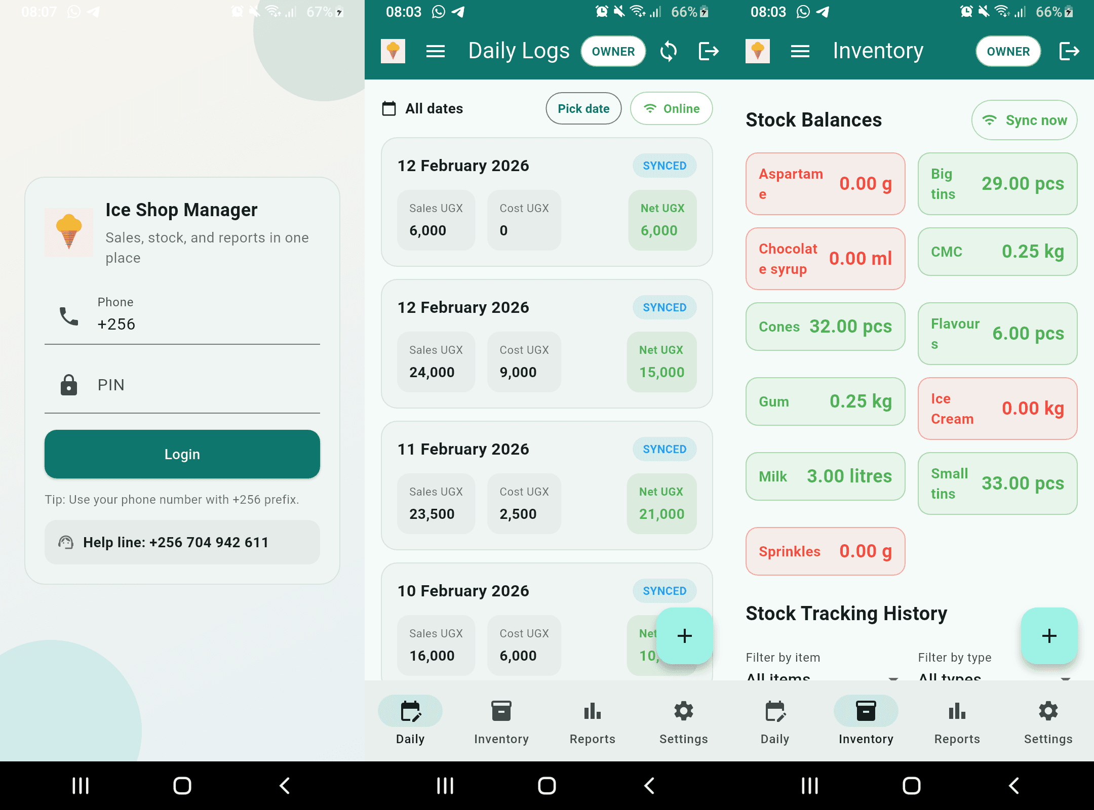 Ice Shop Manager overview showing daily logs, inventory, and reports