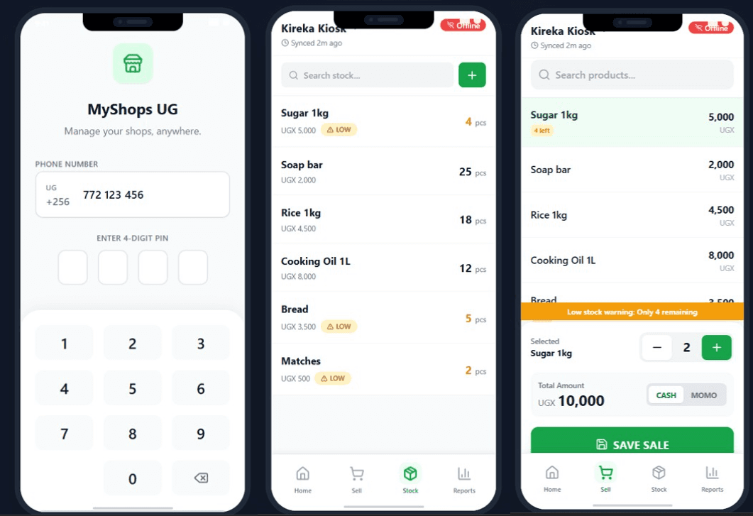 MyShops UG app for kiosk stock, sales, and multi-shop profit tracking