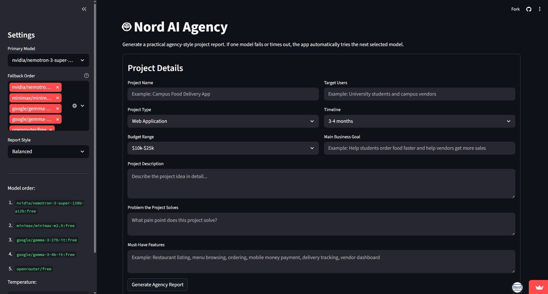 NordAI Services Agency Streamlit app generating structured AI project analysis reports