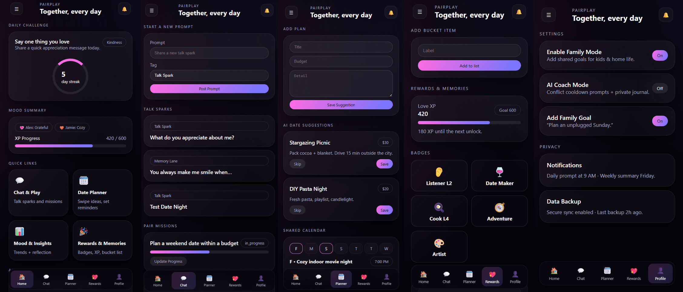 PairPlay mobile screens showcasing date decks and talk prompts