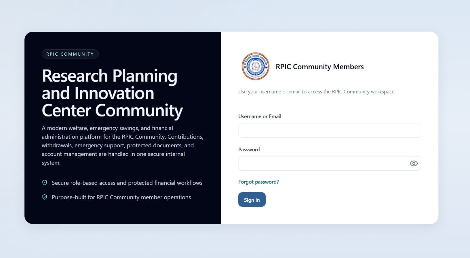 RPIC Community platform dashboard for contributions, withdrawals, and member management